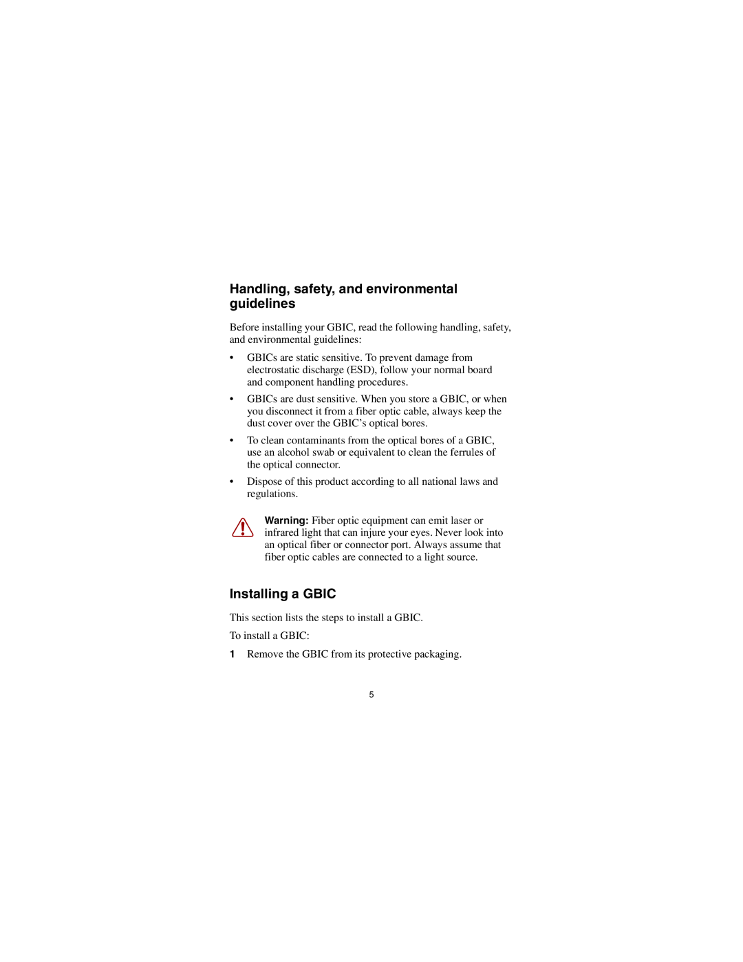 Nortel Networks CWDM SFP manual Handling, safety, and environmental guidelines, Installing a Gbic 