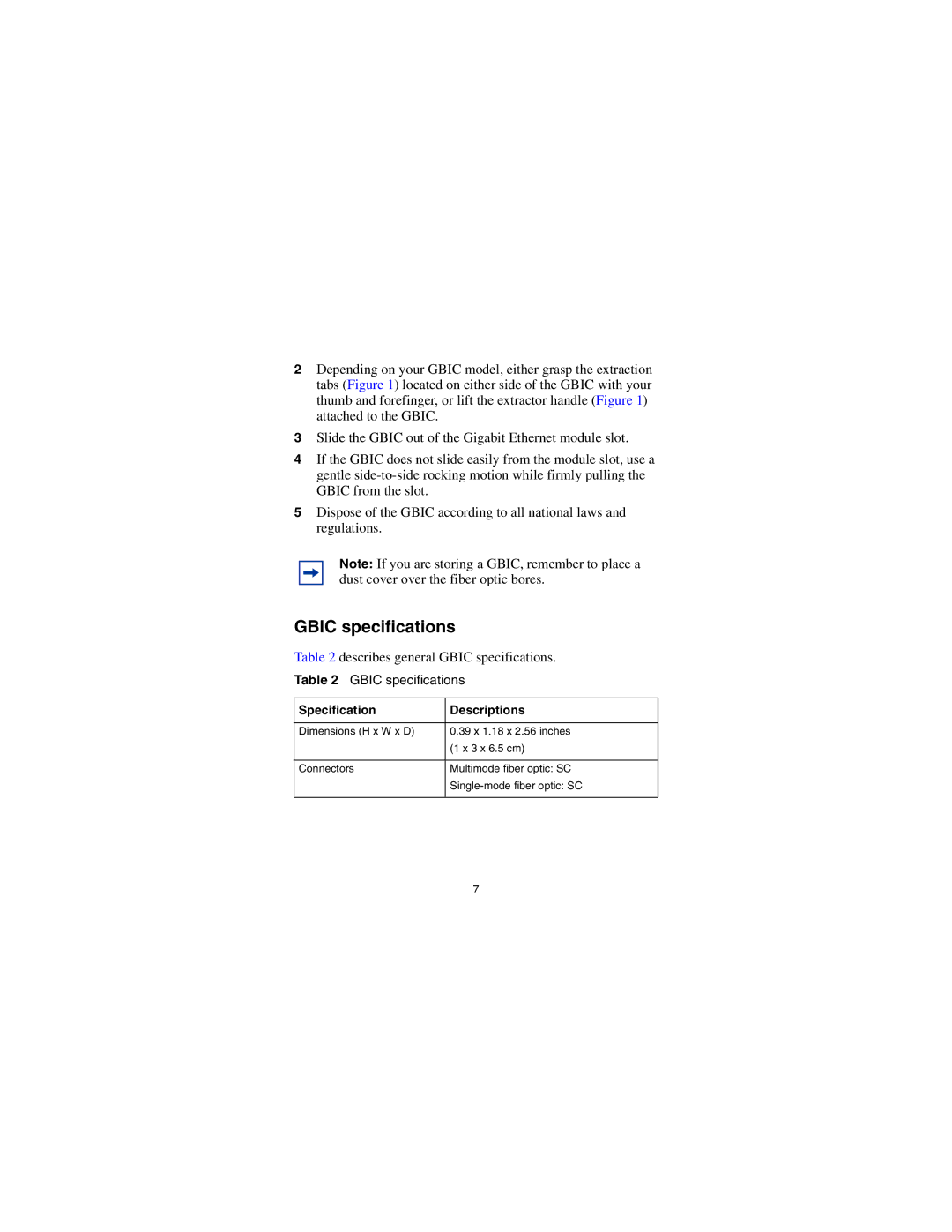 Nortel Networks CWDM SFP manual Gbic specifications, Specification Descriptions 