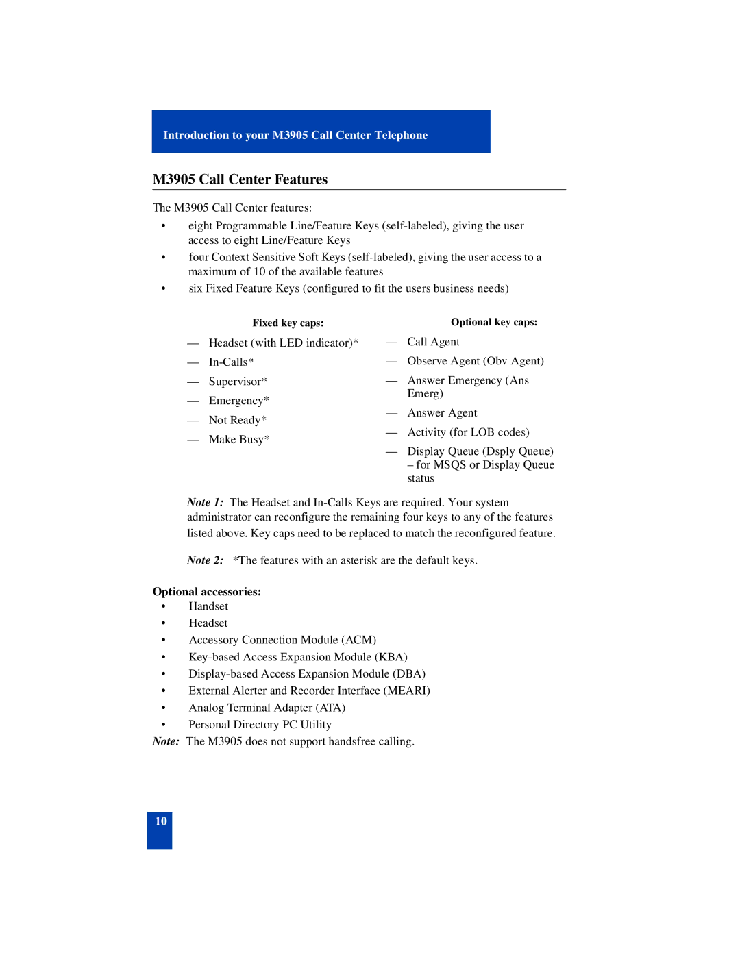 Nortel Networks SL-100 manual M3905 Call Center Features, Optional accessories 