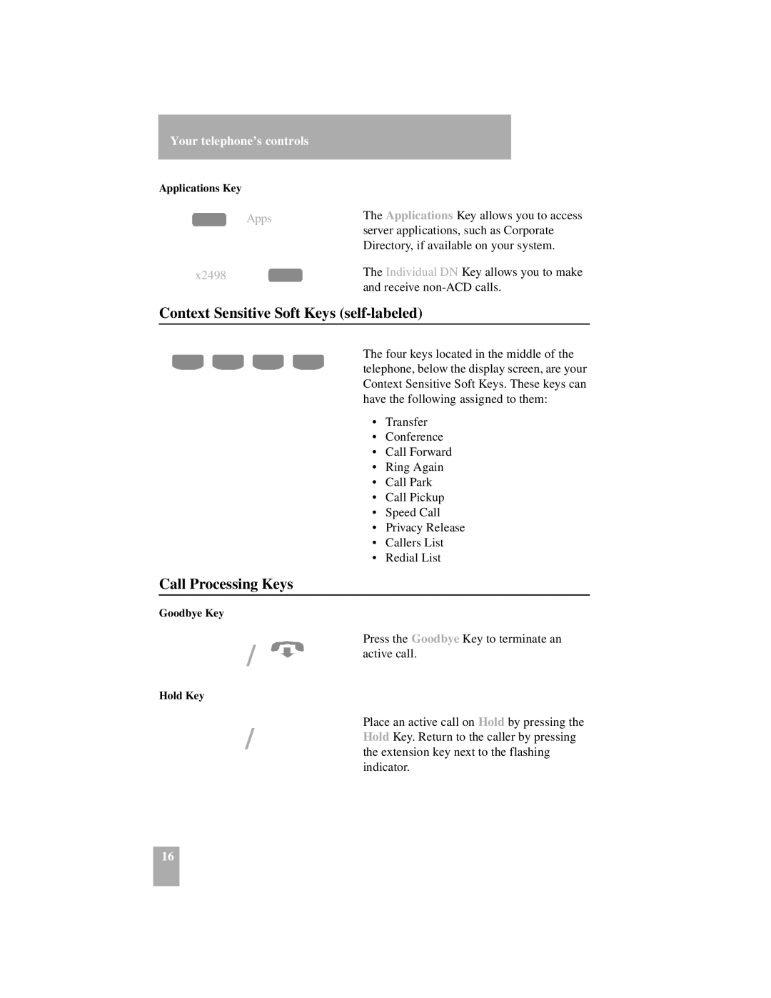 Nortel Networks SL-100 manual Context Sensitive Soft Keys self-labeled, Call Processing Keys, Apps, X2498 