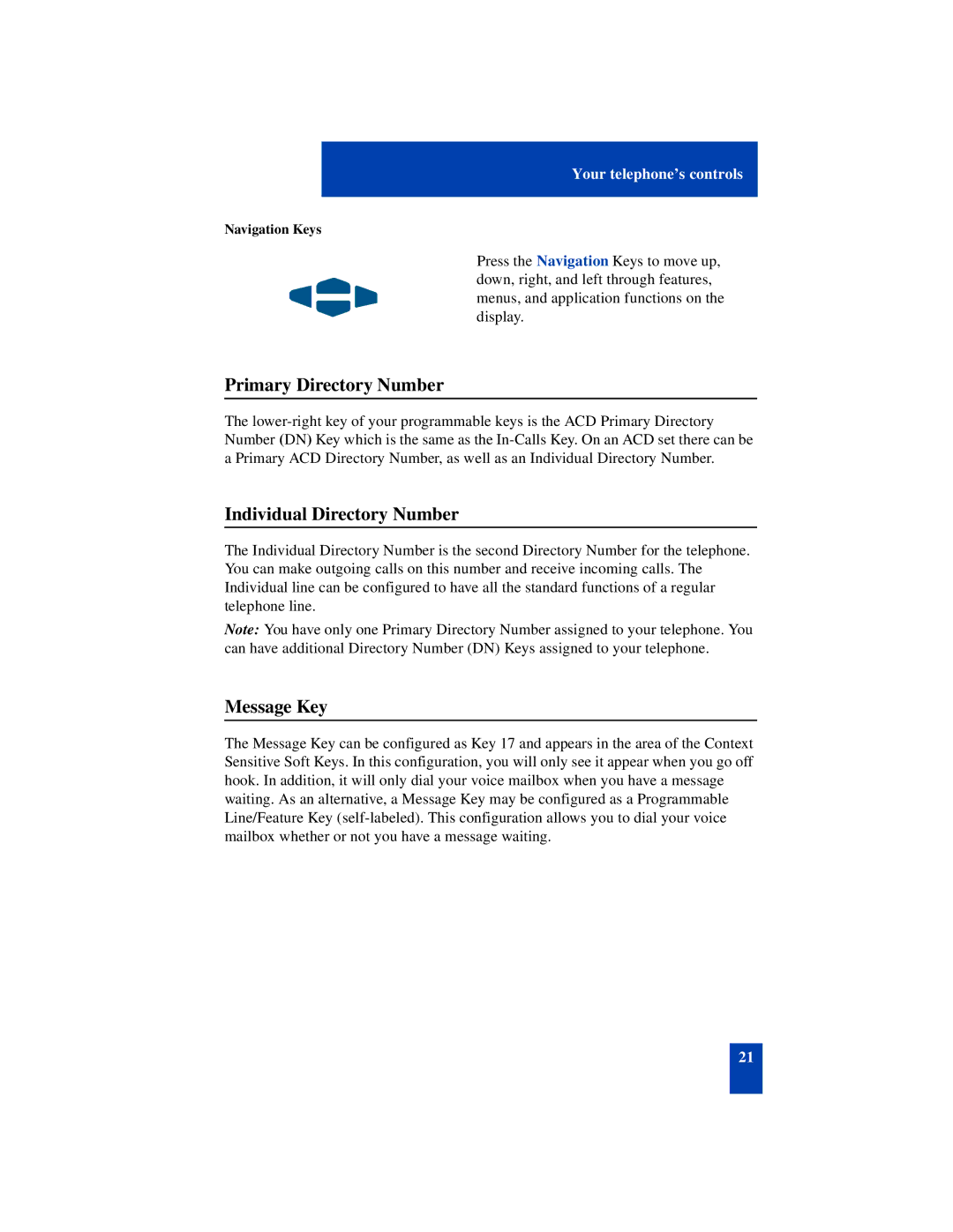 Nortel Networks SL-100 manual Primary Directory Number, Individual Directory Number, Message Key 