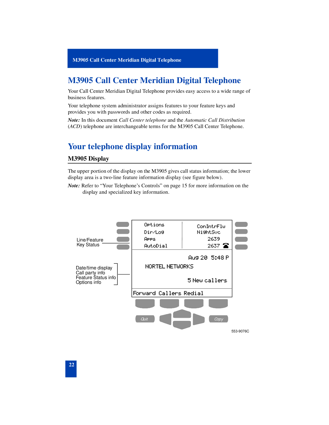 Nortel Networks SL-100 M3905 Call Center Meridian Digital Telephone, Your telephone display information, M3905 Display 