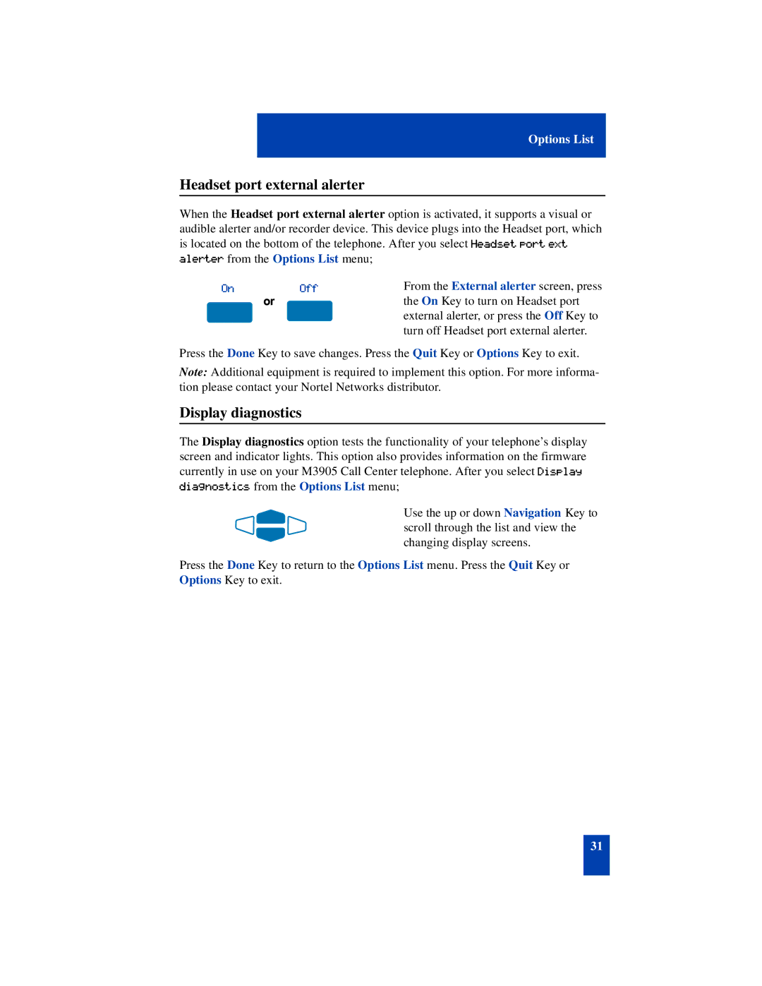 Nortel Networks SL-100 manual Headset port external alerter, Display diagnostics 