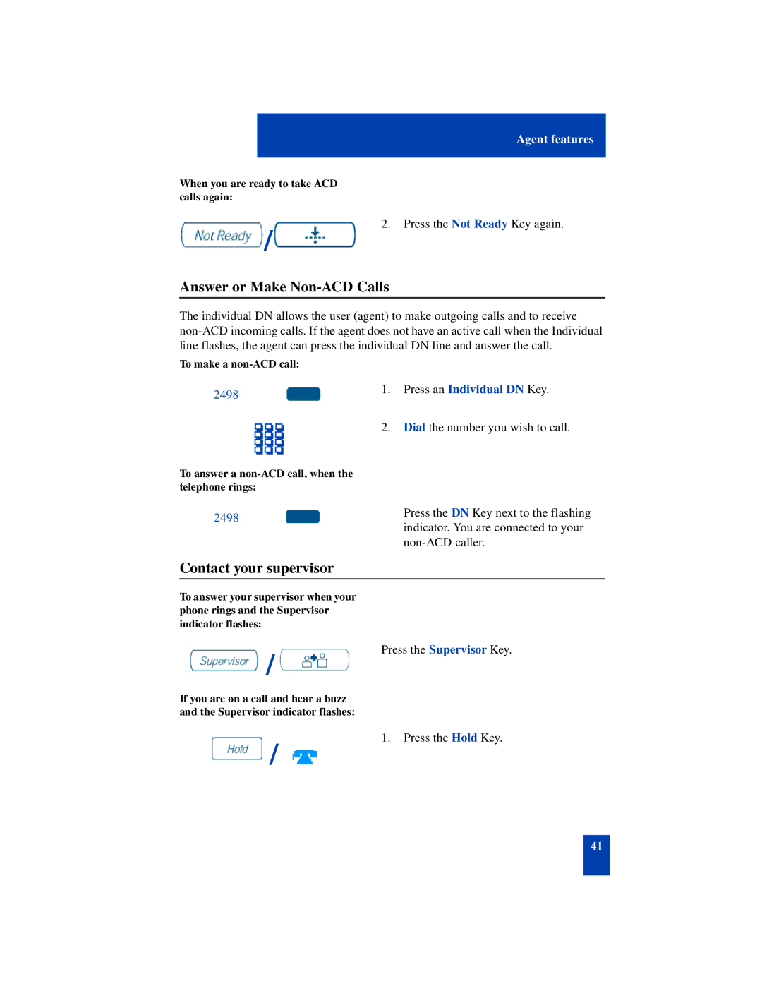 Nortel Networks SL-100 manual Answer or Make Non-ACD Calls, Contact your supervisor, 2498 