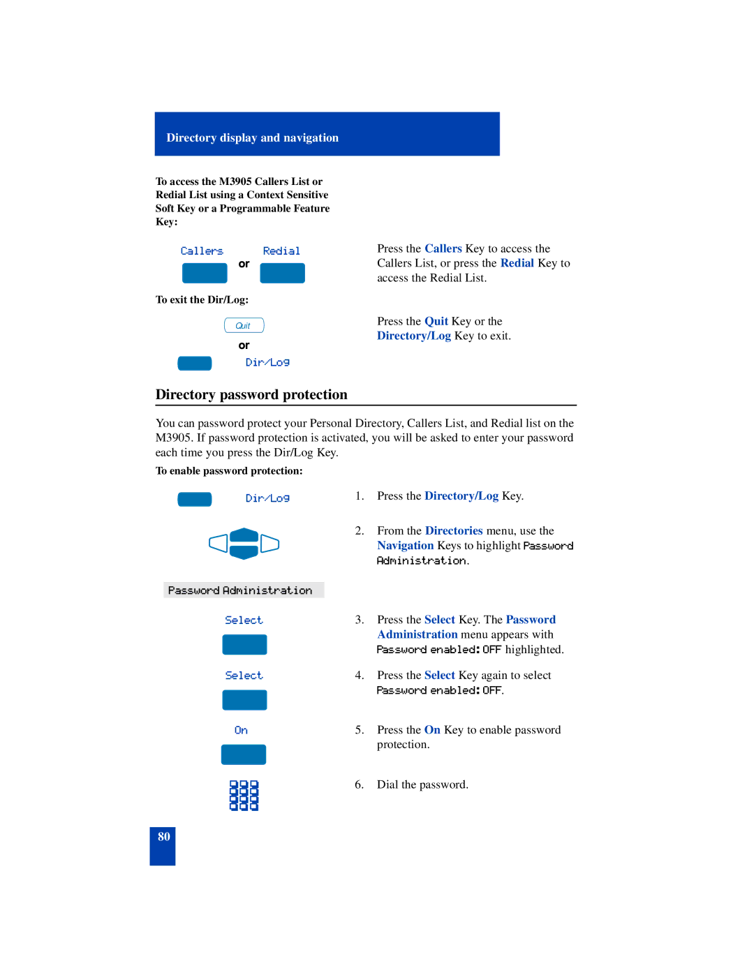 Nortel Networks SL-100 manual Directory password protection, Callers Redial 