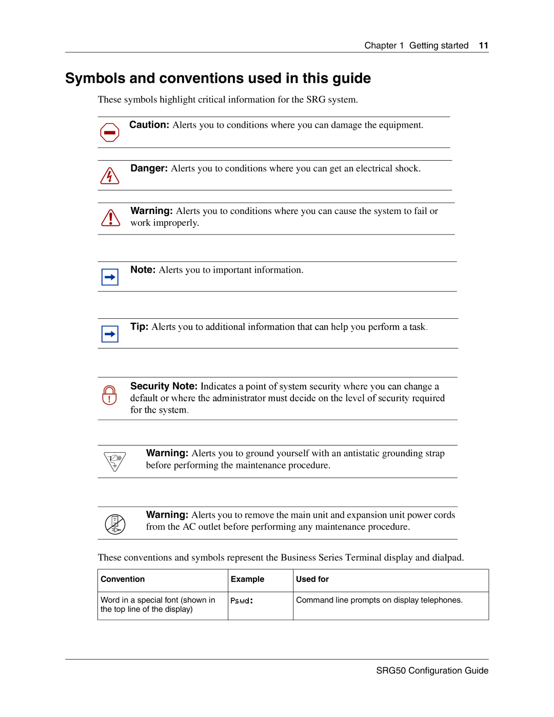 Nortel Networks SRG50 manual Symbols and conventions used in this guide, Getting started, Top line of the display 