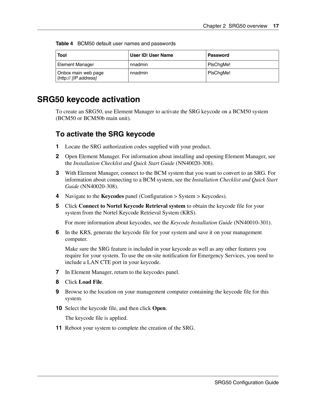 Nortel Networks manual SRG50 keycode activation, To activate the SRG keycode, Click Load File, SRG50 overview 