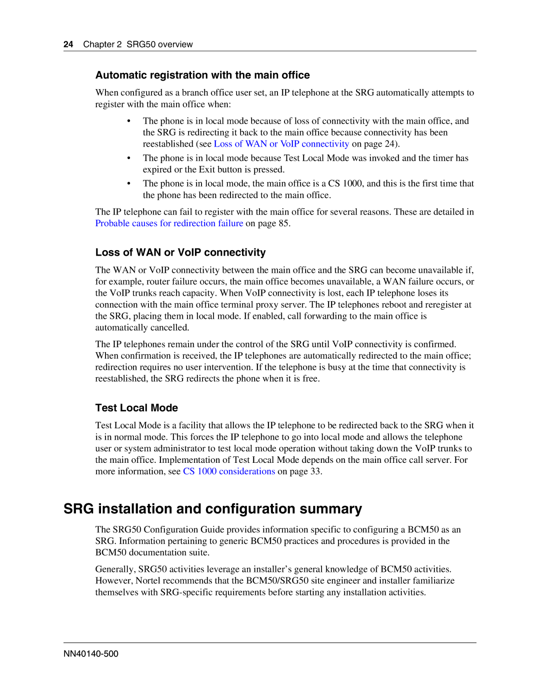 Nortel Networks SRG50 manual SRG installation and configuration summary, Automatic registration with the main office 