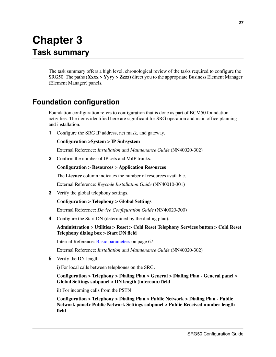 Nortel Networks SRG50 manual Task summary, Foundation configuration, Configuration System IP Subsystem 