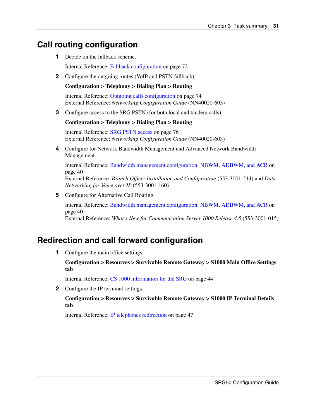 Nortel Networks SRG50 manual Call routing configuration, Redirection and call forward configuration 