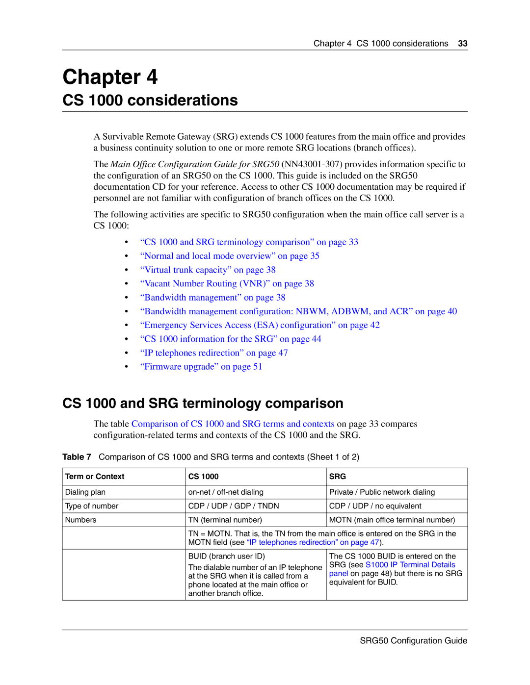 Nortel Networks SRG50 manual CS 1000 considerations, CS 1000 and SRG terminology comparison, Term or Context 