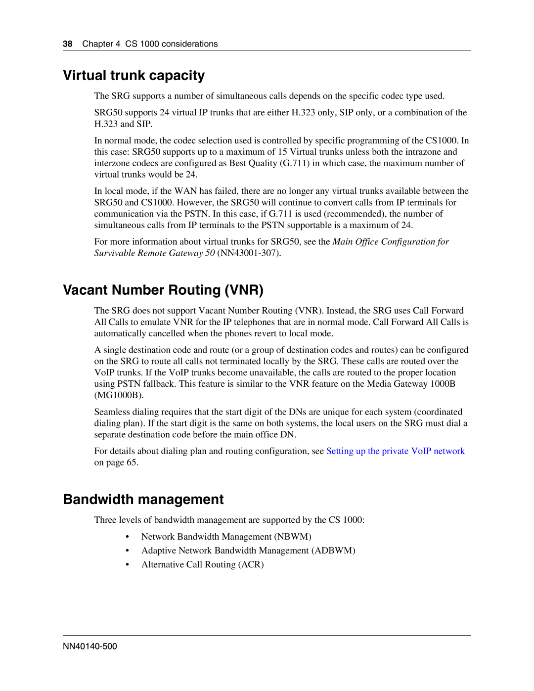 Nortel Networks SRG50 manual Virtual trunk capacity, Vacant Number Routing VNR, Bandwidth management 