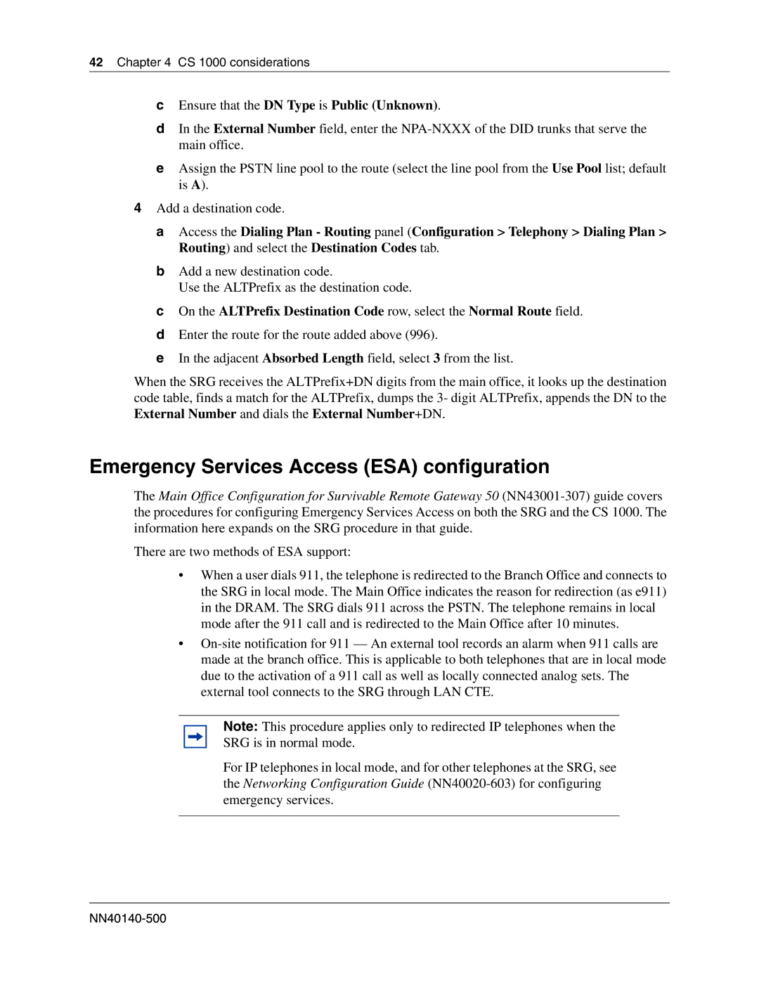 Nortel Networks SRG50 manual Emergency Services Access ESA configuration 