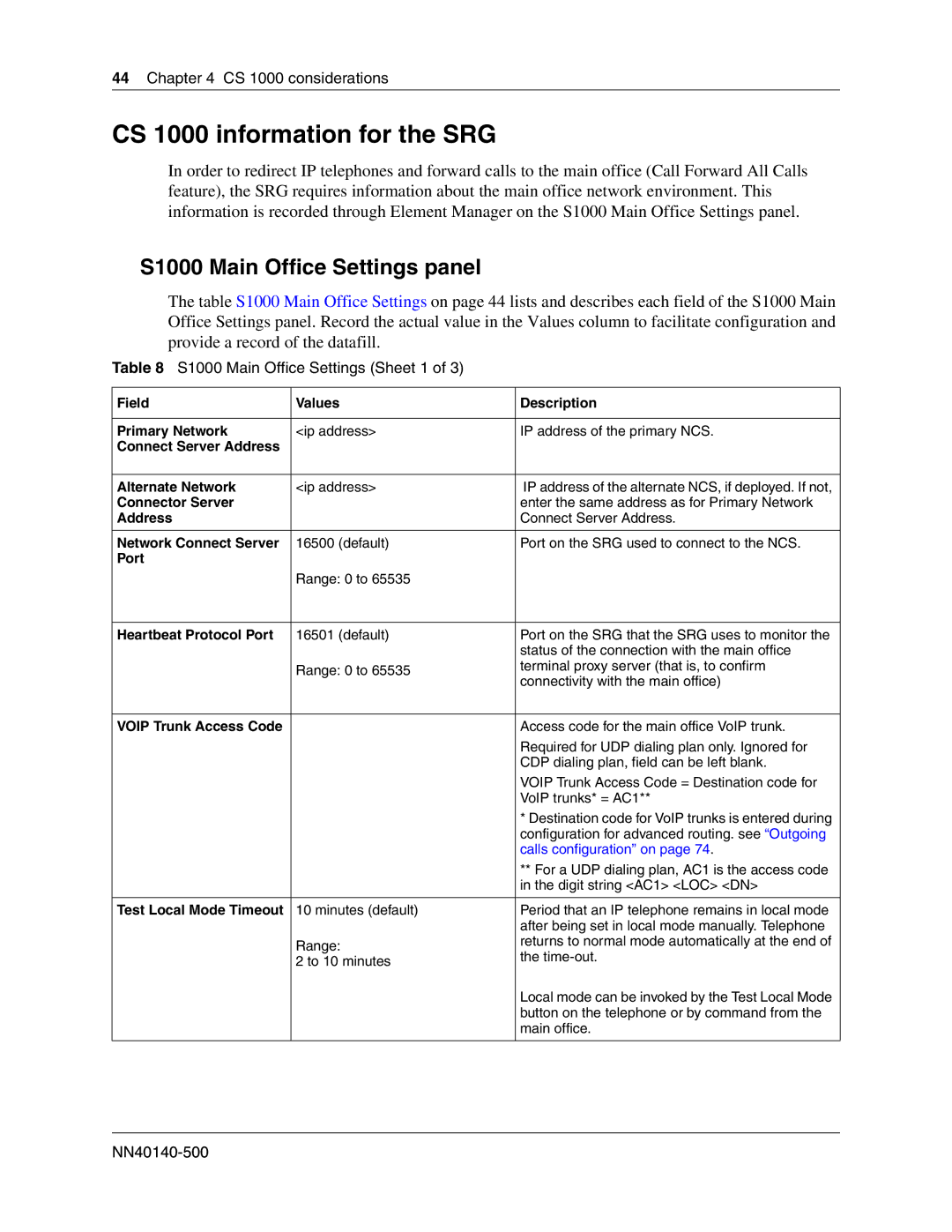 Nortel Networks SRG50 manual CS 1000 information for the SRG, S1000 Main Office Settings panel 