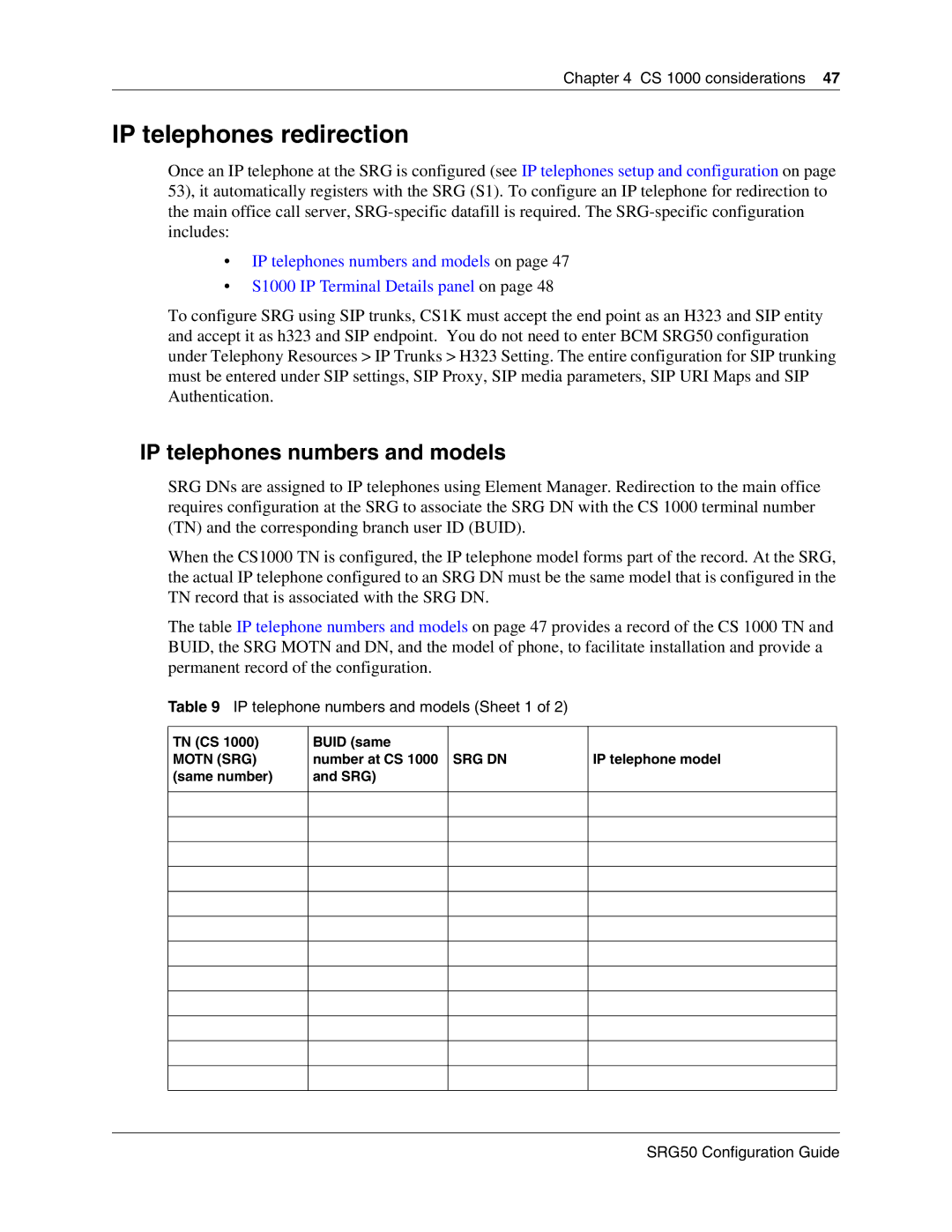 Nortel Networks SRG50 IP telephones redirection, IP telephones numbers and models, IP telephone numbers and models Sheet 1 