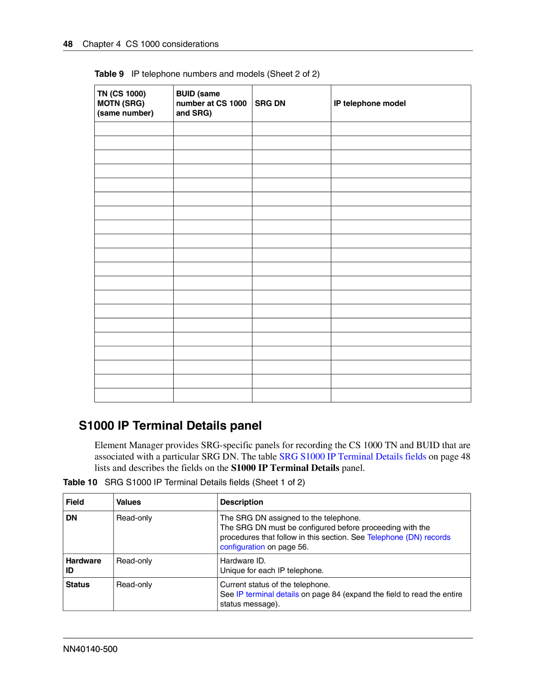 Nortel Networks SRG50 S1000 IP Terminal Details panel, SRG S1000 IP Terminal Details fields Sheet 1, Hardware, Status 