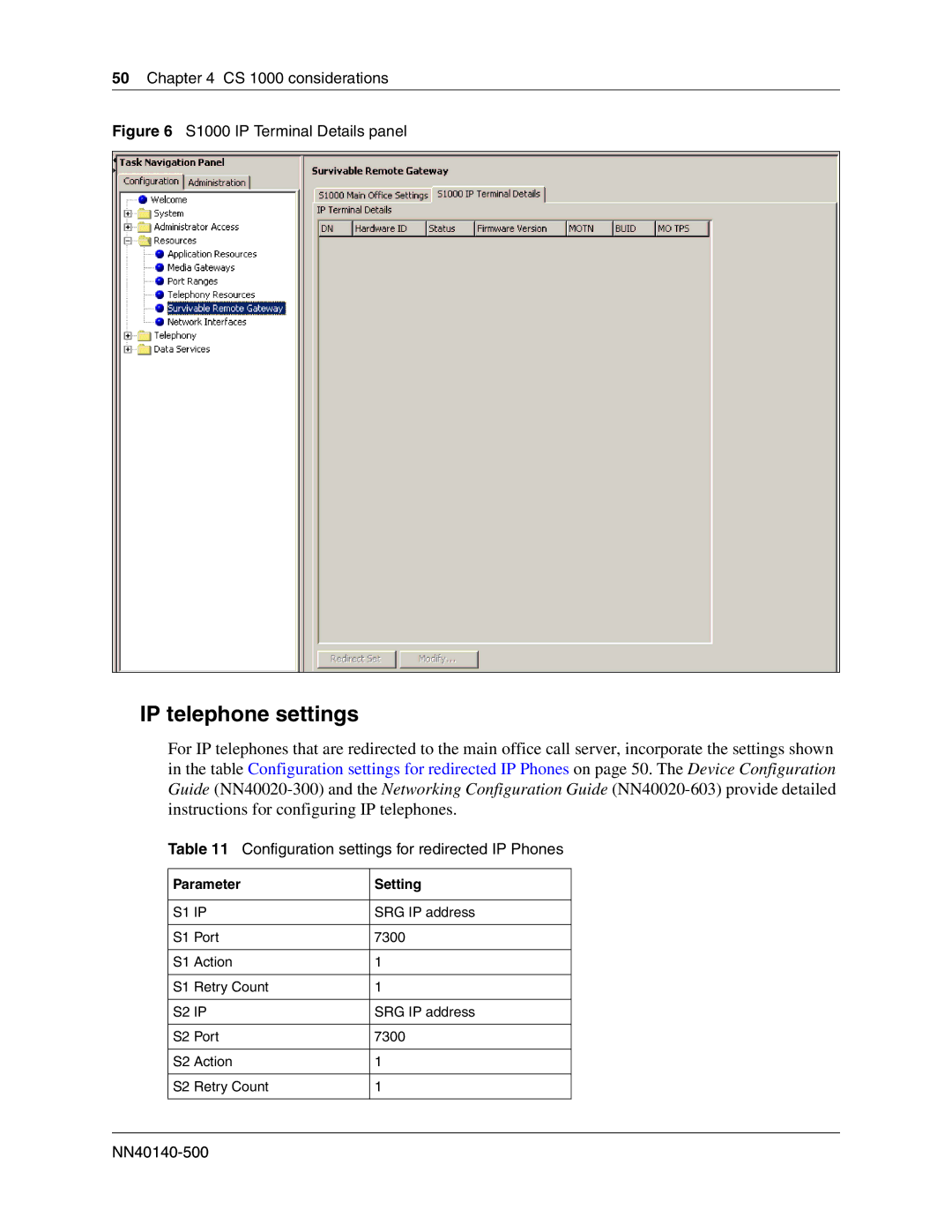 Nortel Networks SRG50 manual IP telephone settings, Configuration settings for redirected IP Phones, Parameter Setting 