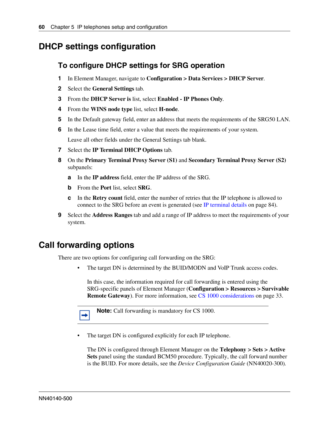 Nortel Networks SRG50 Dhcp settings configuration, Call forwarding options, To configure Dhcp settings for SRG operation 