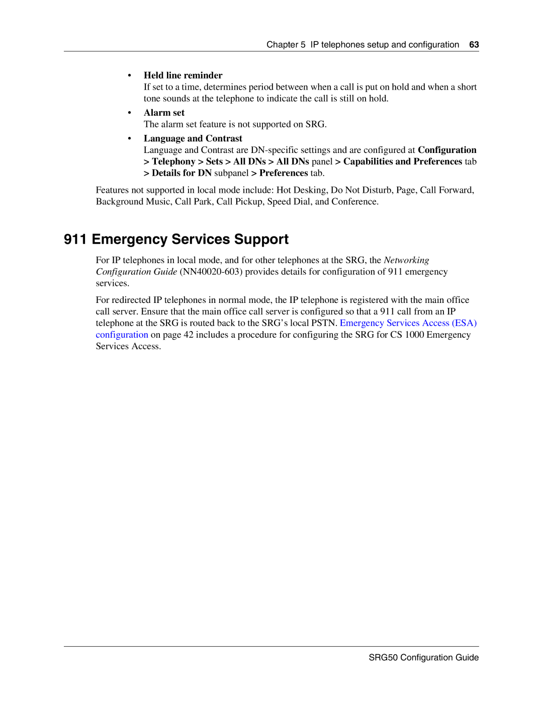 Nortel Networks SRG50 manual Emergency Services Support, Held line reminder, Alarm set, Language and Contrast 