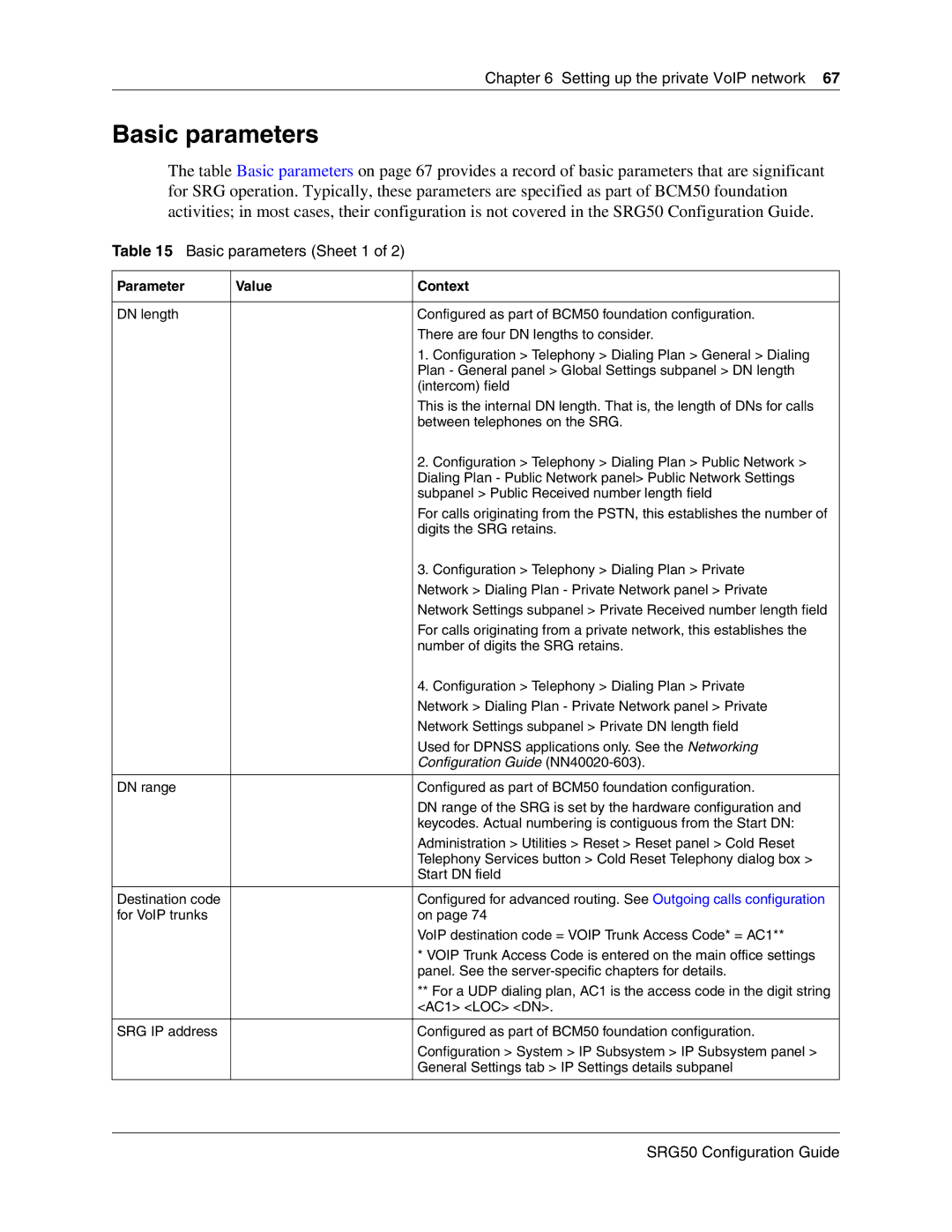 Nortel Networks SRG50 manual Basic parameters Sheet 1, Parameter Value Context 