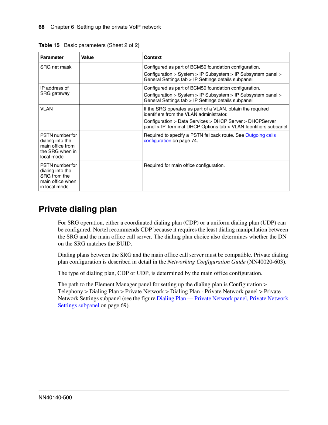 Nortel Networks SRG50 manual Private dialing plan, Setting up the private VoIP network Basic parameters Sheet 2 