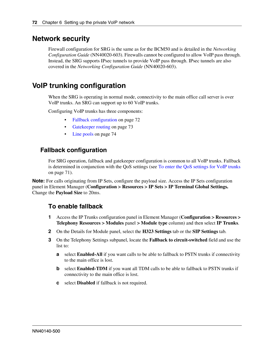 Nortel Networks SRG50 manual Network security, VoIP trunking configuration, Fallback configuration, To enable fallback 