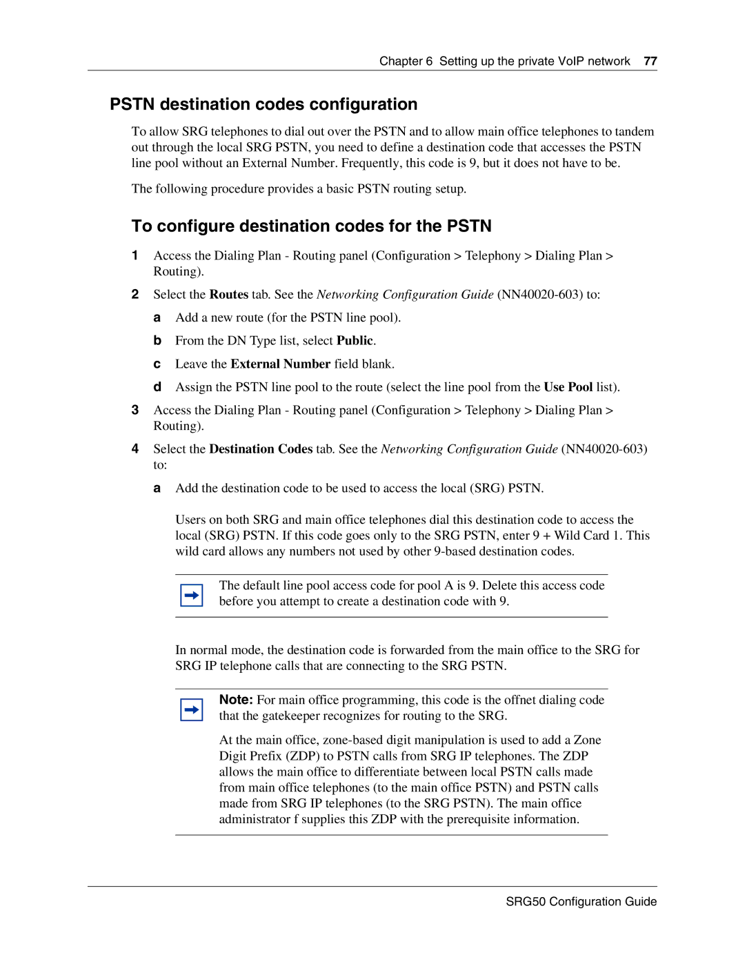 Nortel Networks SRG50 manual Pstn destination codes configuration, To configure destination codes for the Pstn 