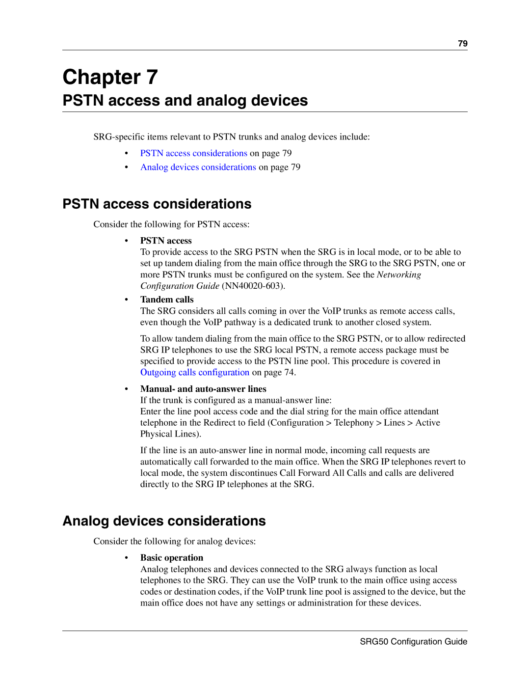 Nortel Networks SRG50 manual Pstn access and analog devices, Pstn access considerations, Analog devices considerations 