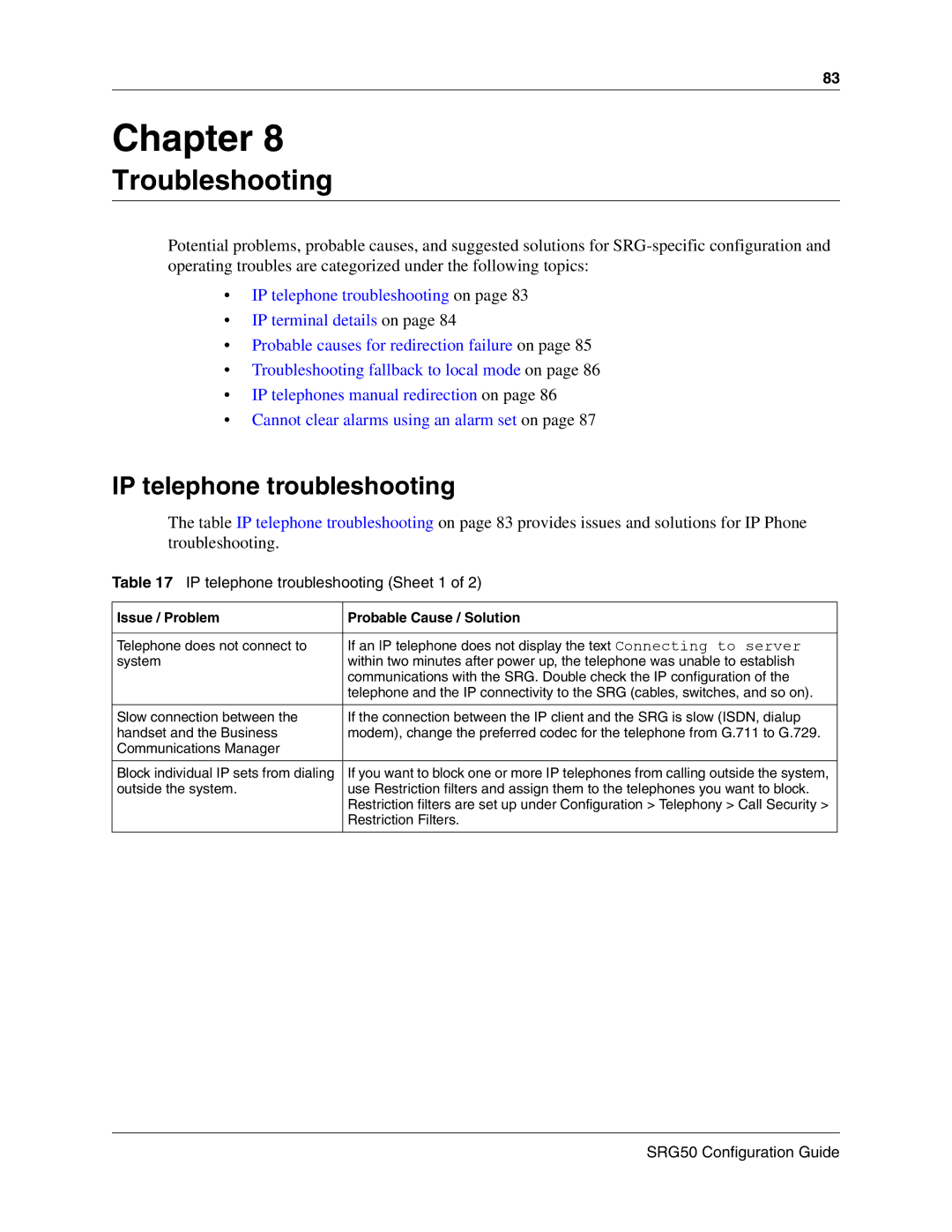 Nortel Networks SRG50 Troubleshooting, IP telephone troubleshooting Sheet 1, Issue / Problem Probable Cause / Solution 