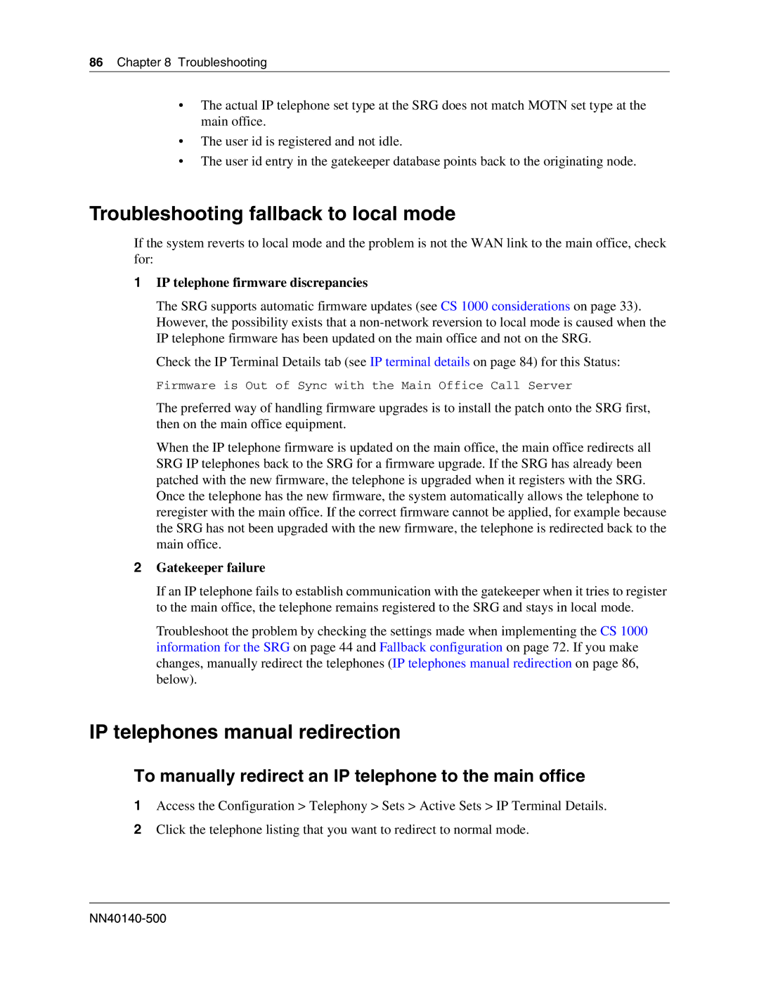 Nortel Networks SRG50 Troubleshooting fallback to local mode, IP telephones manual redirection, Gatekeeper failure 