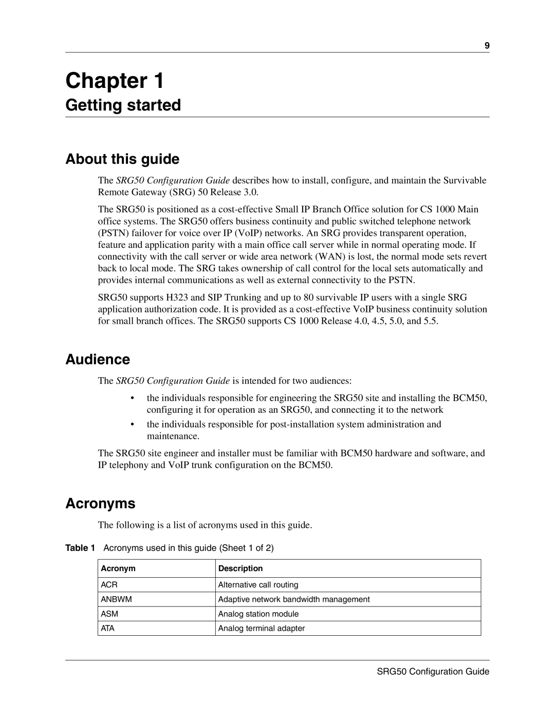 Nortel Networks SRG50 manual Getting started, About this guide, Audience, Acronyms used in this guide Sheet 1 