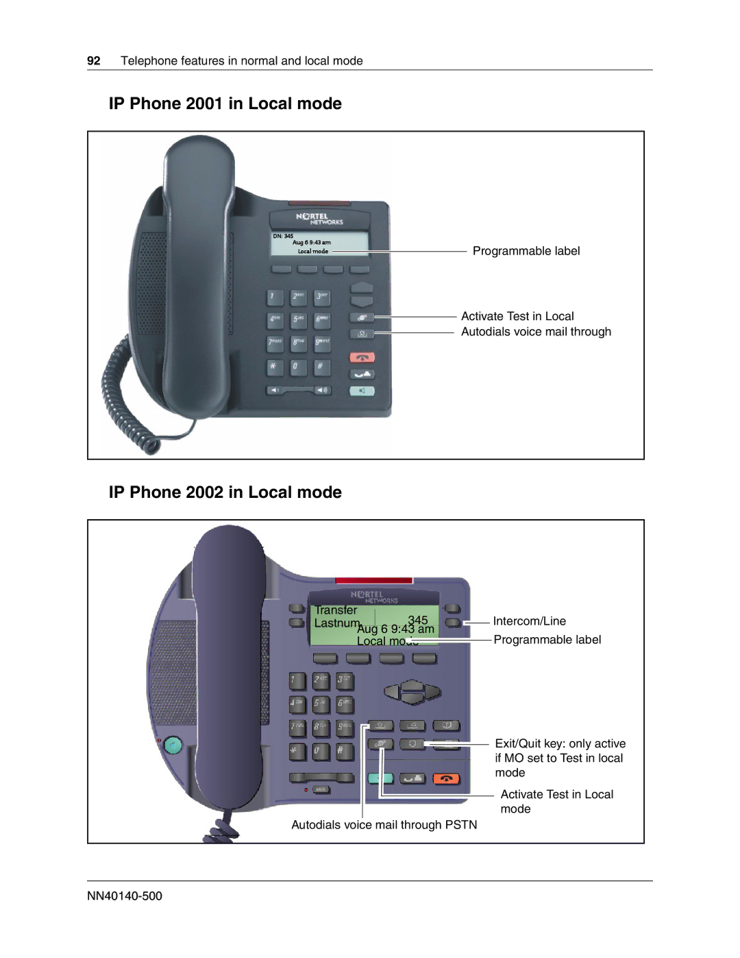 Nortel Networks SRG50 manual IP Phone 2001 in Local mode, IP Phone 2002 in Local mode 