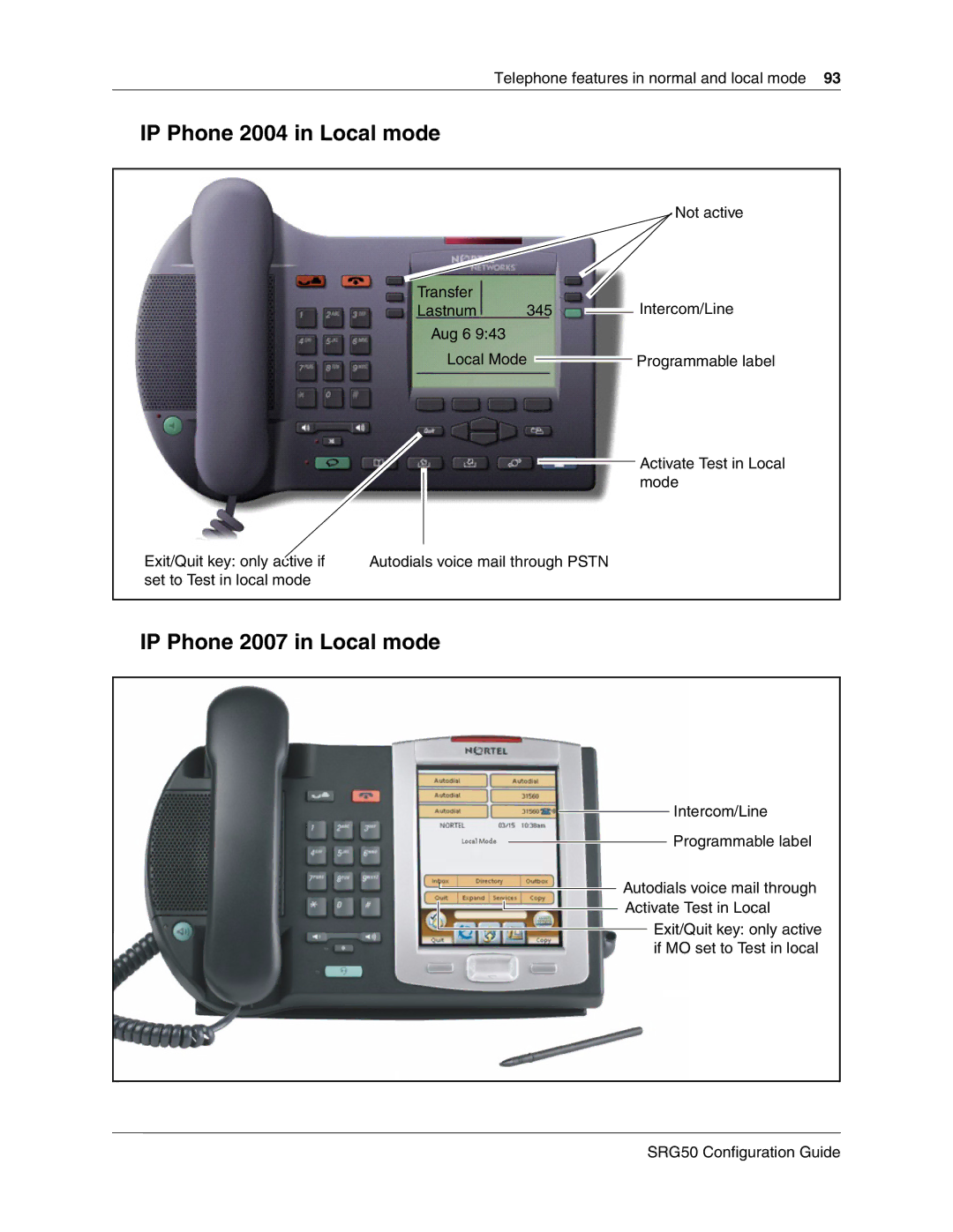 Nortel Networks SRG50 manual IP Phone 2004 in Local mode, IP Phone 2007 in Local mode 