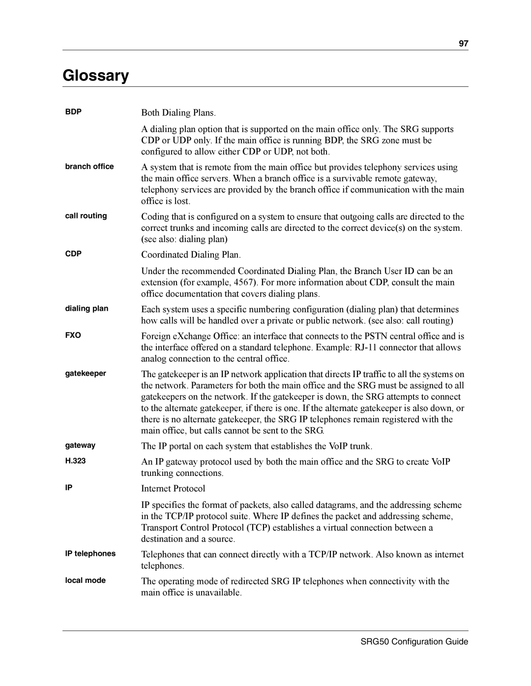 Nortel Networks SRG50 manual Glossary, Branch office Call routing, Dialing plan 