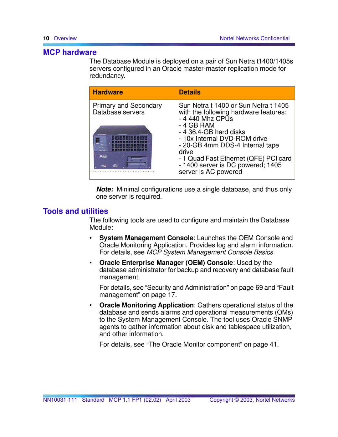 Nortel Networks Standard MCP 1.1 FP1 (02.02) manual MCP hardware, Tools and utilities, Hardware Details 