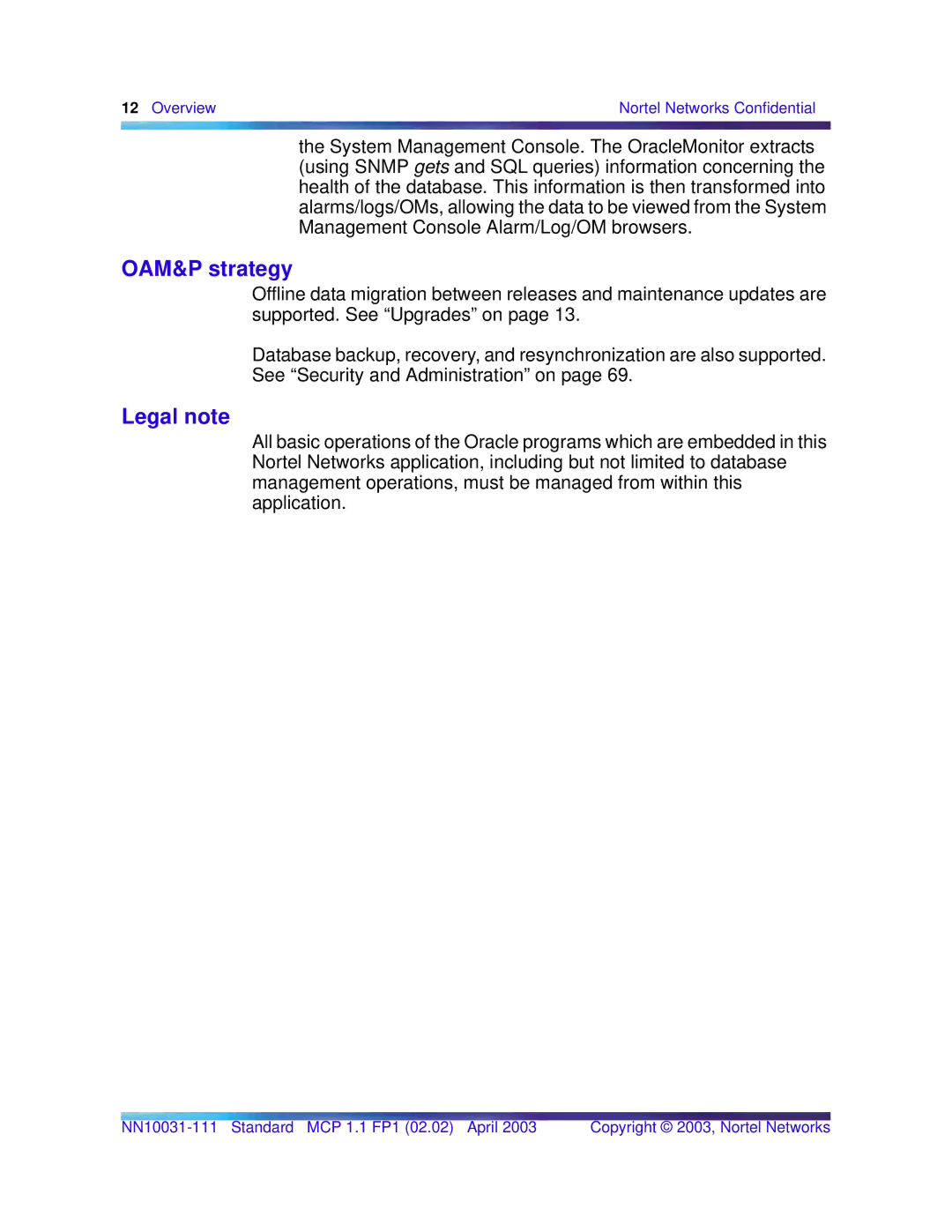 Nortel Networks Standard MCP 1.1 FP1 (02.02) manual OAM&P strategy, Legal note 