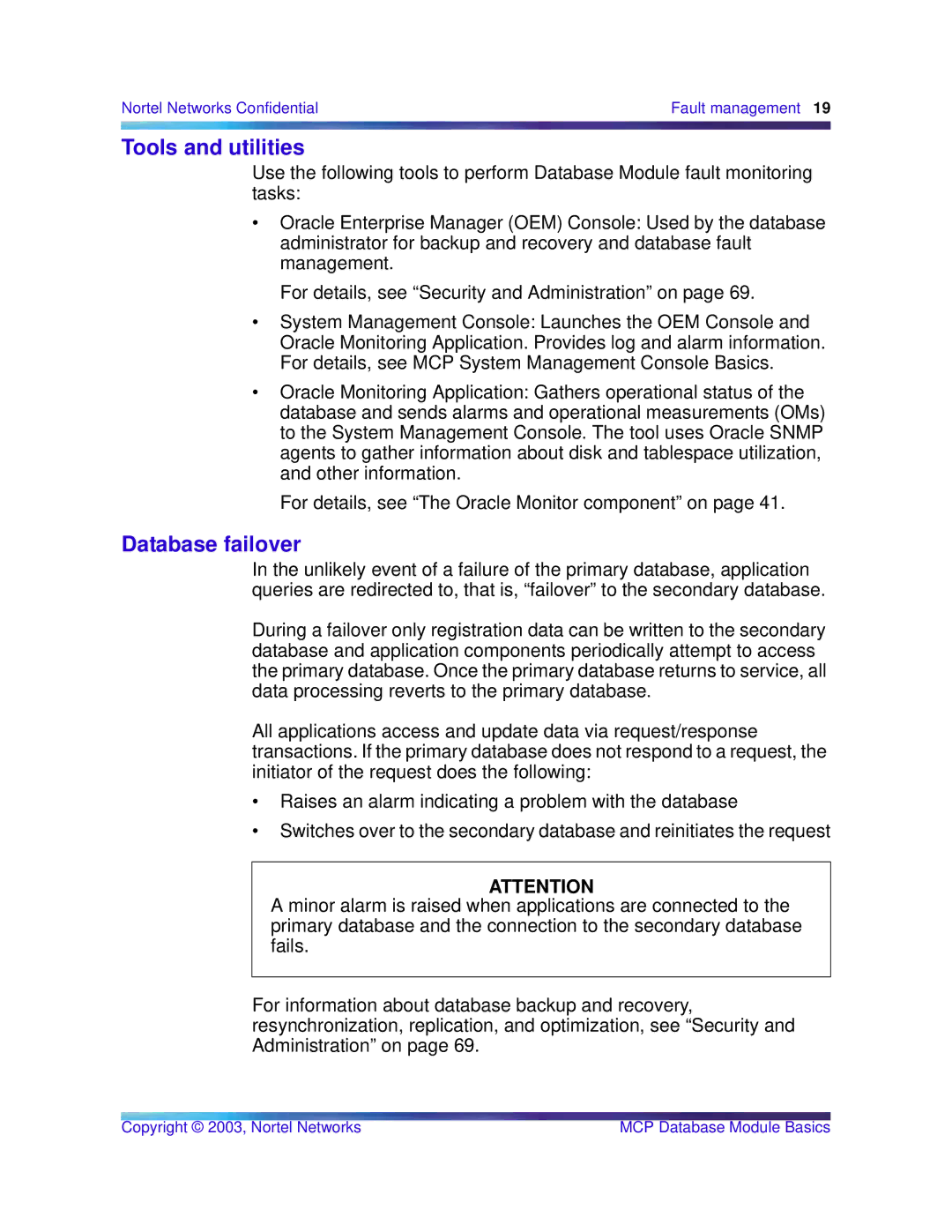 Nortel Networks Standard MCP 1.1 FP1 (02.02) manual Tools and utilities, Database failover 