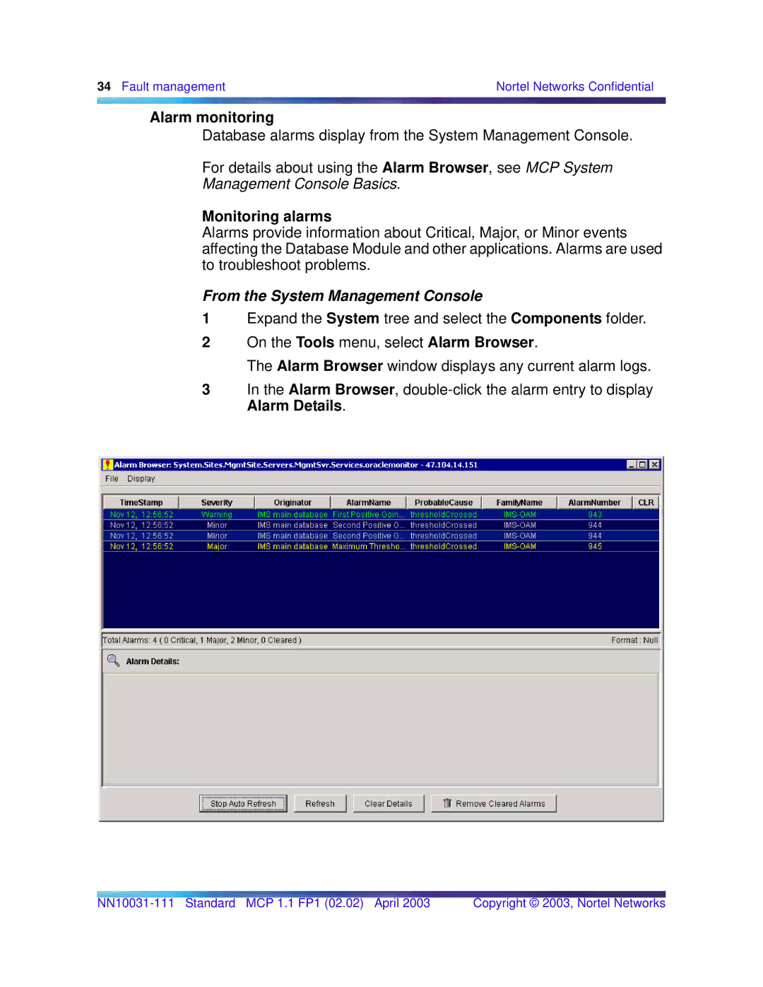 Nortel Networks Standard MCP 1.1 FP1 (02.02) manual Alarm monitoring, Monitoring alarms 