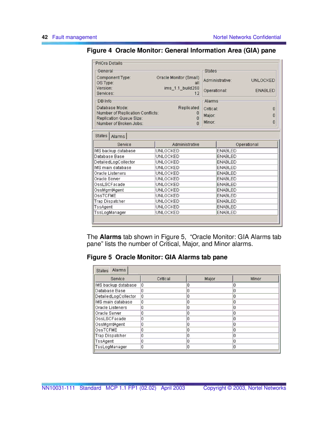 Nortel Networks Standard MCP 1.1 FP1 (02.02) manual Oracle Monitor General Information Area GIA pane 