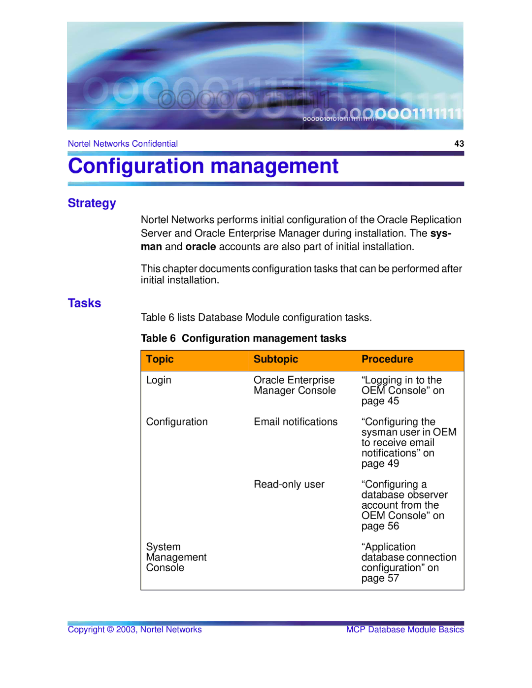 Nortel Networks Standard MCP 1.1 FP1 (02.02) manual Tasks, Configuration management tasks Topic Subtopic Procedure 