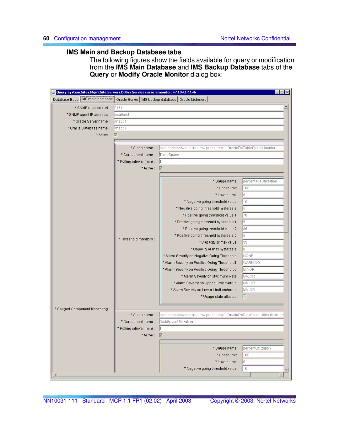 Nortel Networks Standard MCP 1.1 FP1 (02.02) manual IMS Main and Backup Database tabs 