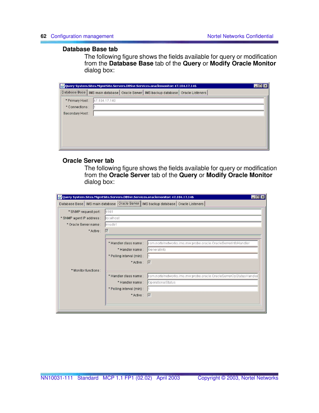 Nortel Networks Standard MCP 1.1 FP1 (02.02) manual Database Base tab, Oracle Server tab 