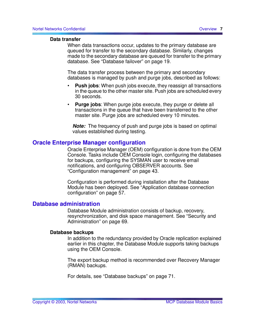 Nortel Networks Standard MCP 1.1 FP1 (02.02) manual Oracle Enterprise Manager configuration, Database administration 