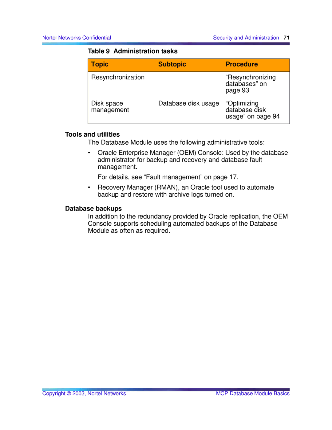 Nortel Networks Standard MCP 1.1 FP1 (02.02) manual Tools and utilities, Database backups 