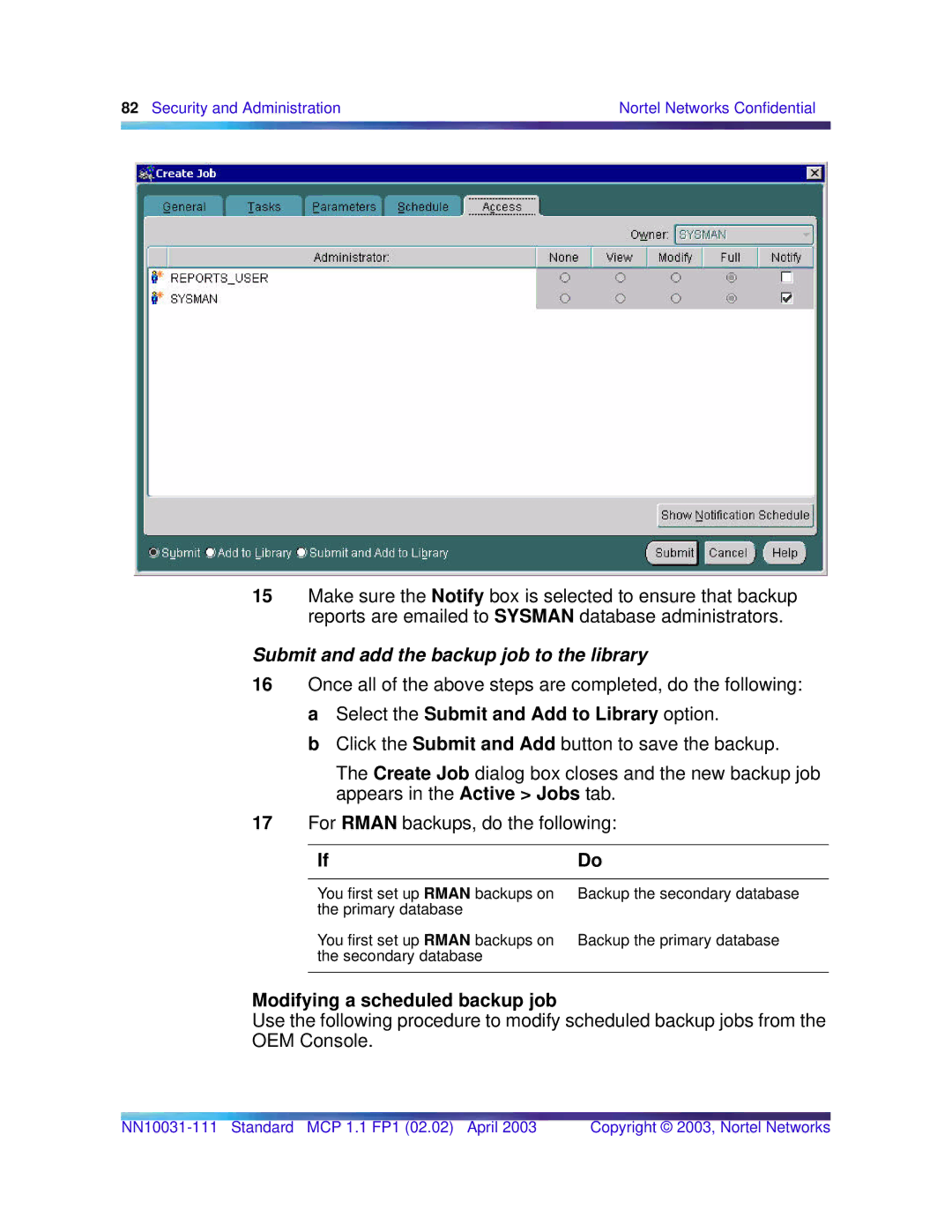 Nortel Networks Standard MCP 1.1 FP1 (02.02) manual Submit and add the backup job to the library 