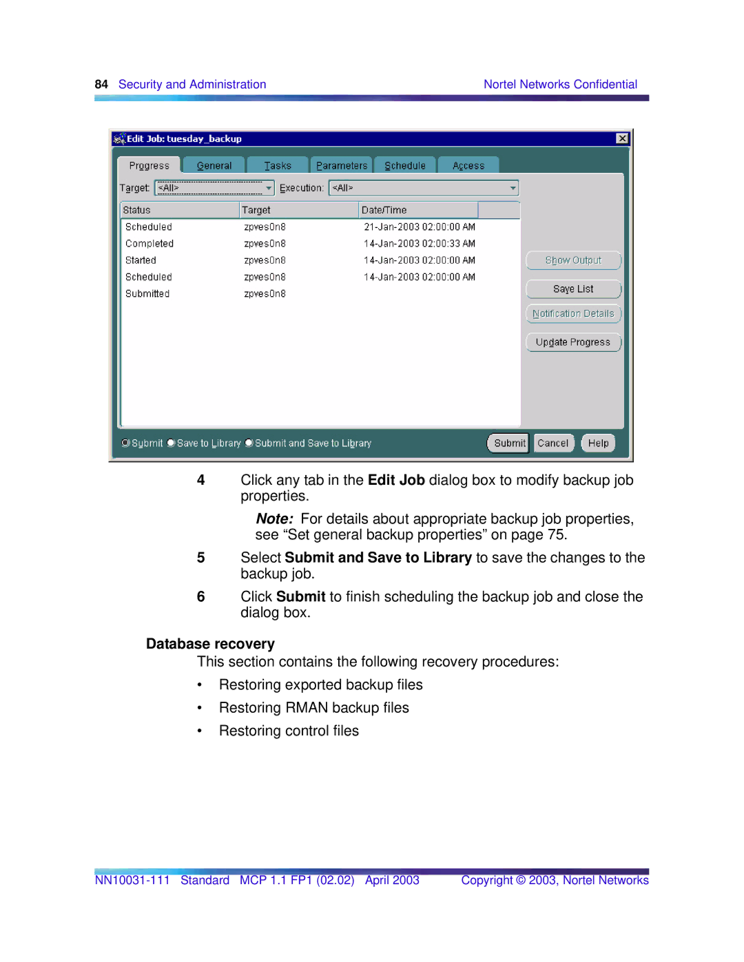 Nortel Networks Standard MCP 1.1 FP1 (02.02) manual Database recovery 