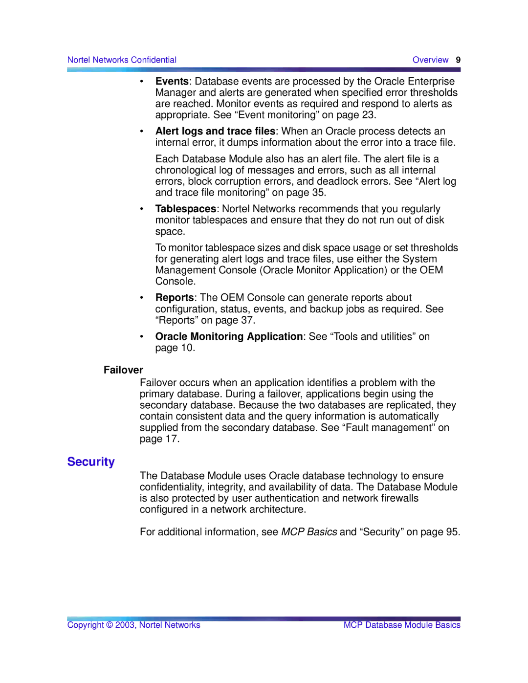 Nortel Networks Standard MCP 1.1 FP1 (02.02) manual Security, Failover 