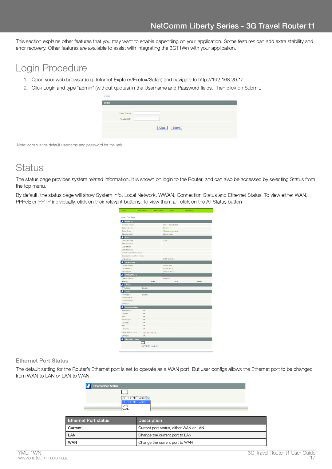 Nortel Networks T1 manual Login Procedure, Ethernet Port Status 