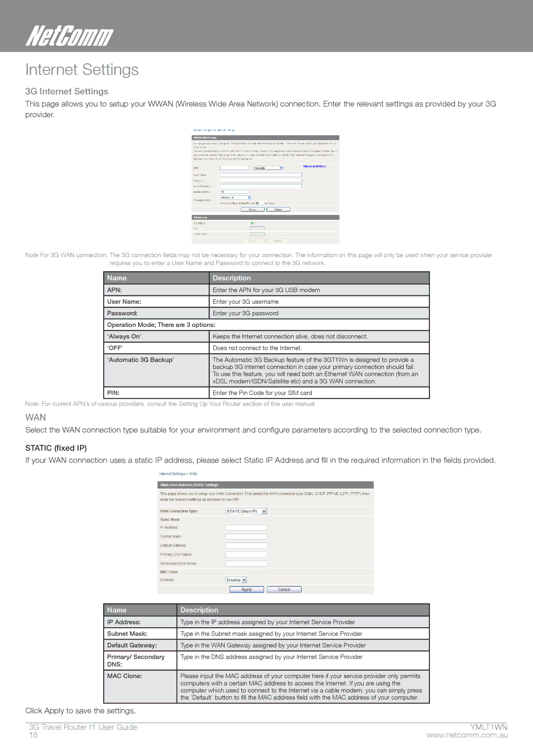 Nortel Networks T1 manual Internet Settings, Name Description 