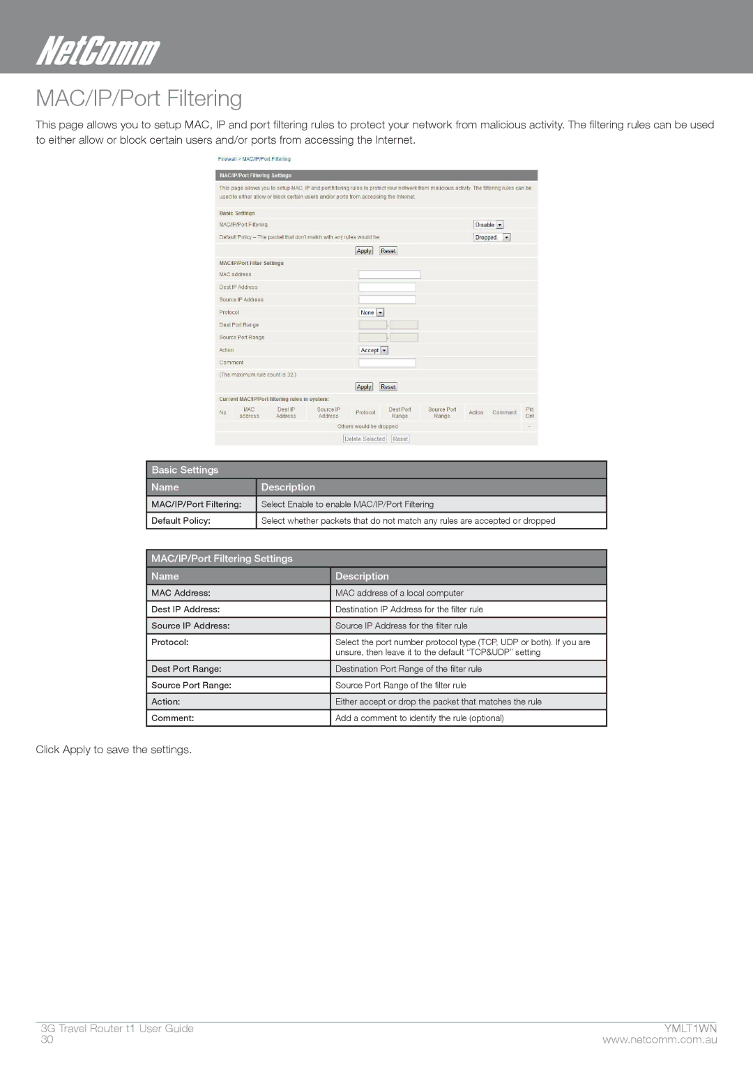 Nortel Networks T1 manual MAC/IP/Port Filtering, Basic Settings Name Description 